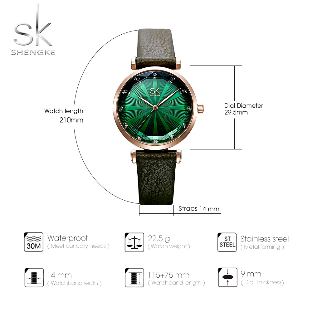Shengke, женские Модные Зеленые кварцевые часы, Дамский кожаный ремешок для часов, высокое качество, повседневные водонепроницаемые наручные часы, подарок для жены