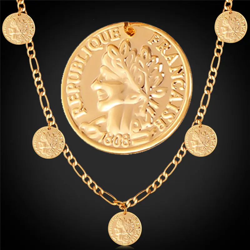 Download France Coin Necklace For Men / Women Gold Color New Fashion Jewelry 57CM Figaro Chain Vintage ...