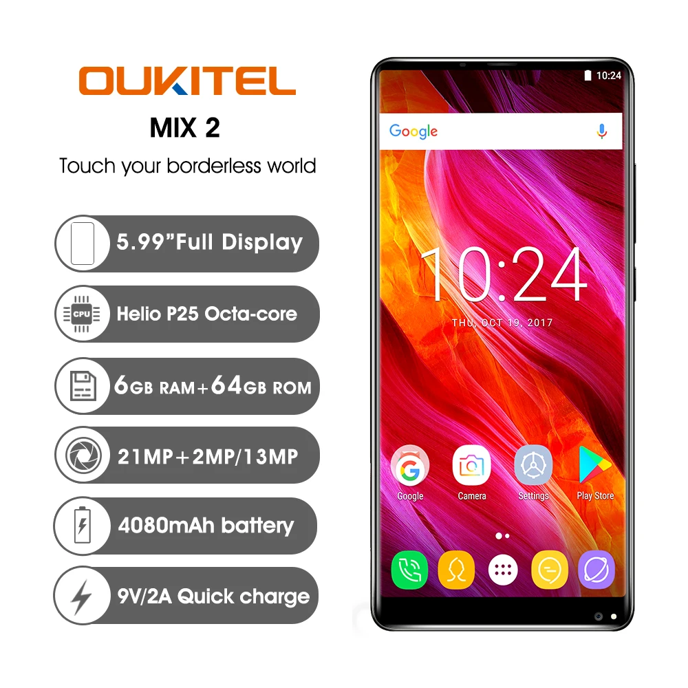 Смартфон Oukitel MIX 2 5,9" с 18:9 экраном 4G, Восьмиядерный процессор HelioP25, 6 ГБ+ 64 ГБ, 21 Мп+ 13 МП камера, 9 В/2 А, быстрое зарядное устройство, 4080 мАч, мобильный телефон