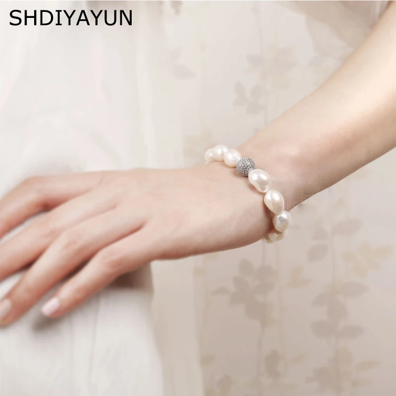 

SHDIYAYUN Pearl Bracelet Natural Freshwater Pearl Crystal Ball Baroque Charm Bracelet Grey White Pearl Jewelry For Woman Gift