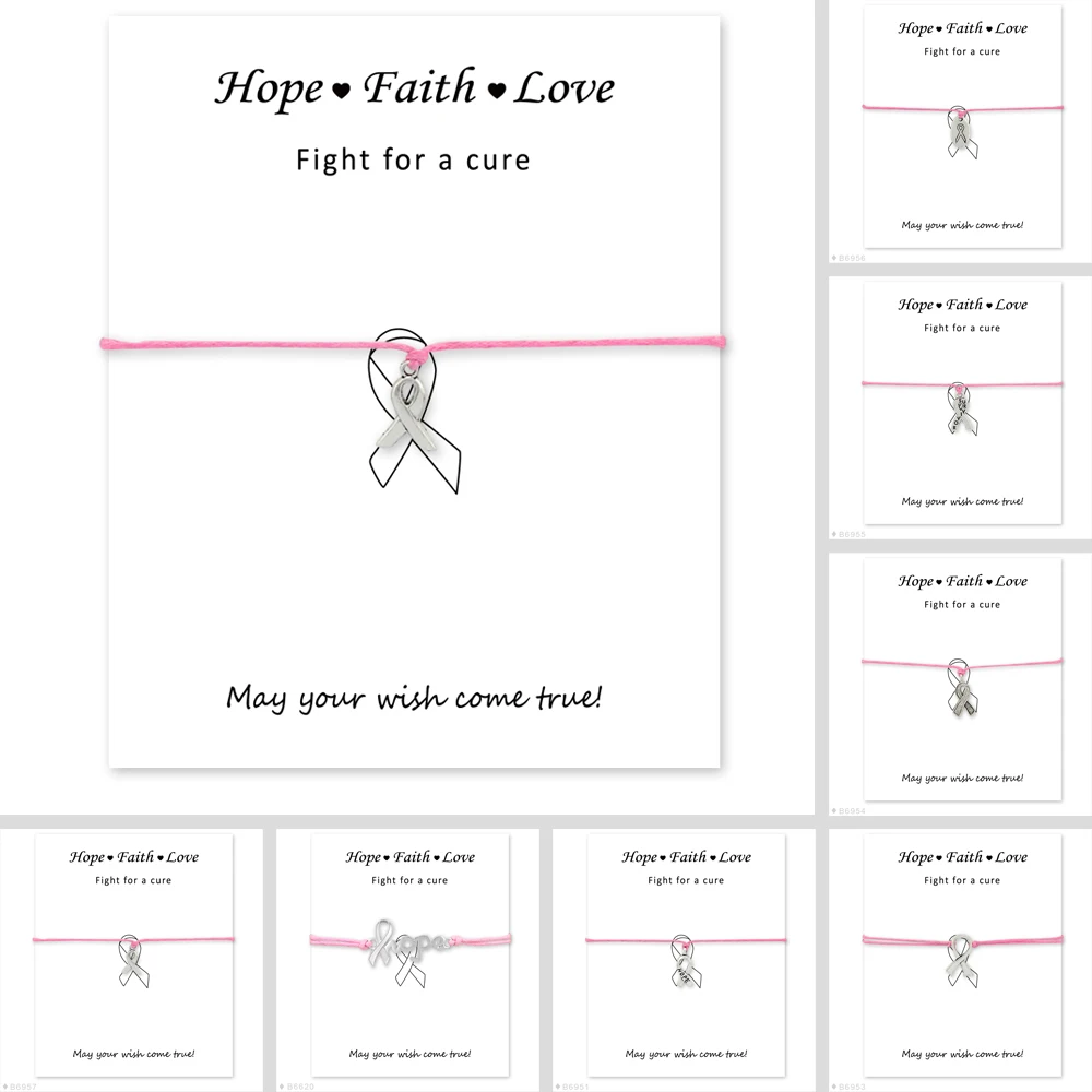 

Fighter Breast Cancer Awareness Pink Ribbon Bracelets Hope Faith Love Antique Silver Charm Bracelets Women Men Handmade Jewelry