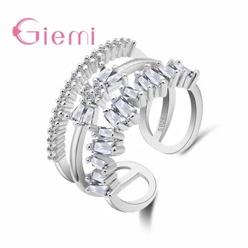 

Free Shipping European Brand 925 Sterling Silver Clear AAA White Cubic Zircon Ring Geomery Women Wedding Jewelry Resizable