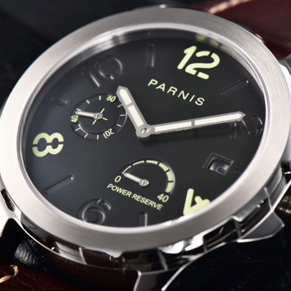 

Luminous Mechanical Watches Men's Tourbillon Watch Parnis 44mm Power Reserved Luxury Calendar Leather Waterproof Watches Relojes