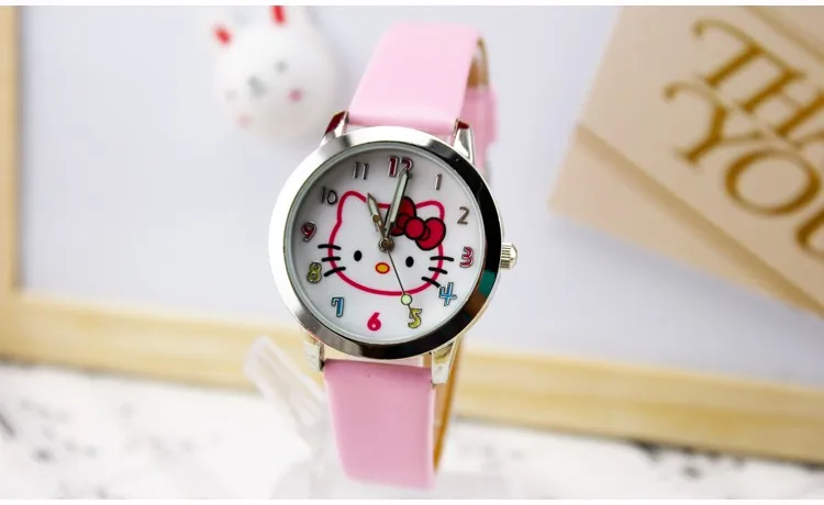 Новые модные брендовые часы Hello Kitty женское платье дети hellokitty часы Мультфильм кожаный кварцевые наручные часы montre enfant