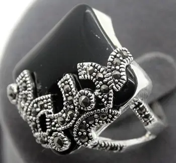 

fashion design Square 925 Sterling Silver 22*20mmNatural Black Natural Stone Gems Marcasite Ring Size 7/8/9/10
