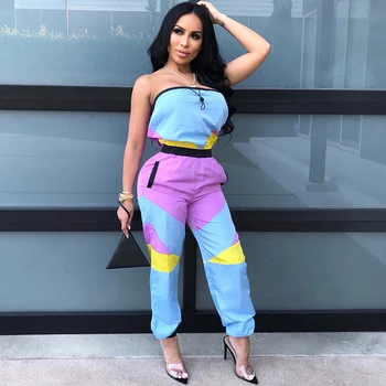 

Contrast Color Off Shoulder Jumpsuits Sexy Women One Pieces Overalls Romper Femme Long Pants Streetwear Fashion Casual Bodysuits