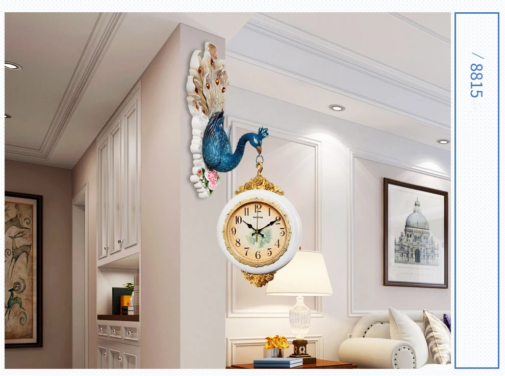 Настенные часы Павлин современный дизайн Двусторонняя 3D гостиная европейские часы немой креативный животный модный двусторонний домашний декор