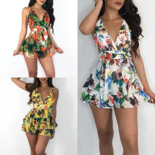iYYVV Womens Floral Printed V-Neck Mini Shorts Bandage Beach Party Romper Playsuit