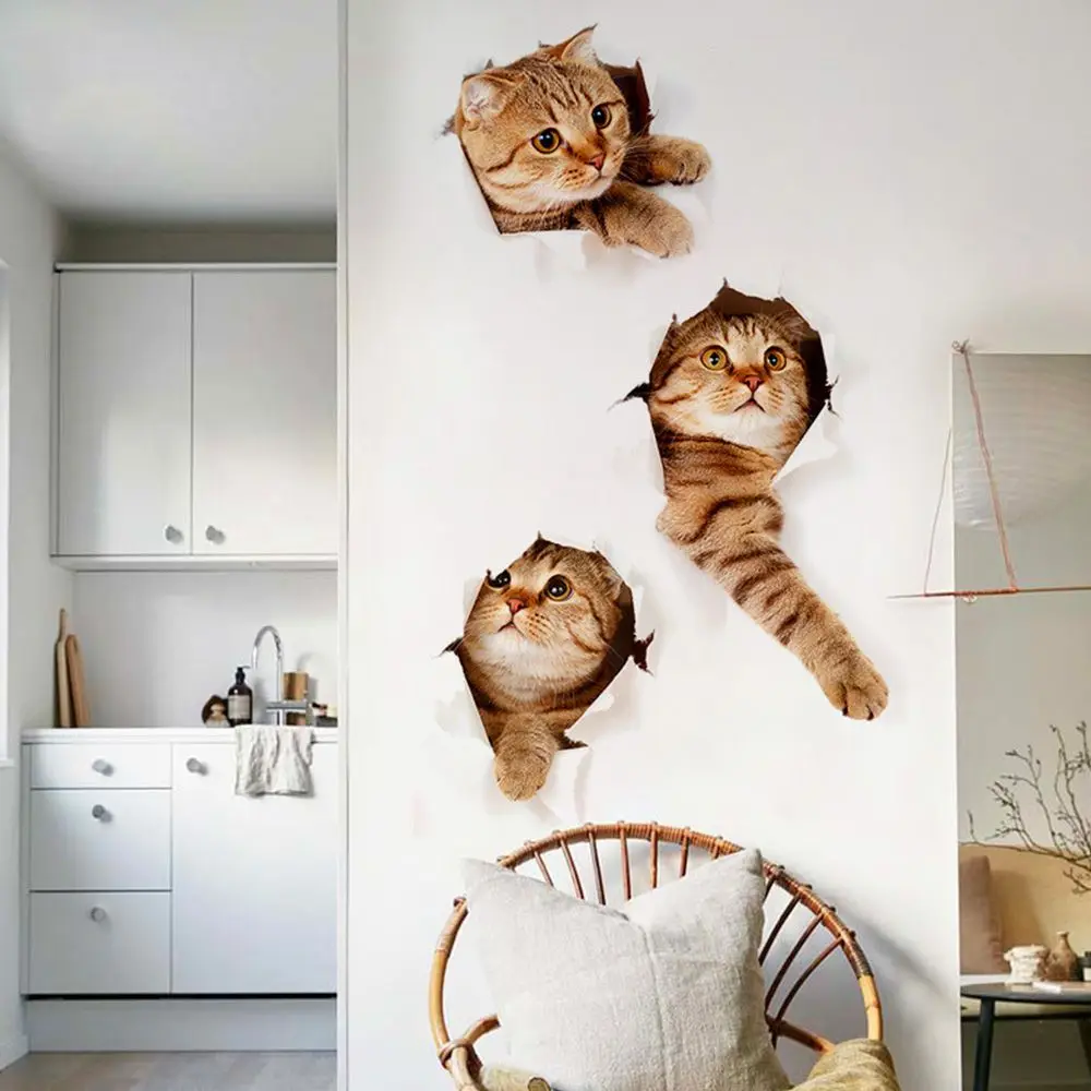 3D Cat Wall Sticker Hole View Vivid Living Room Decor Decal Cat poster Sticker