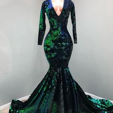 Сексуальное платье-Русалка с длинным рукавом и v-образным вырезом, блестящее черное и зеленое платье с пайетками, Элегантное Длинное платье для выпускного вечера в африканском стиле