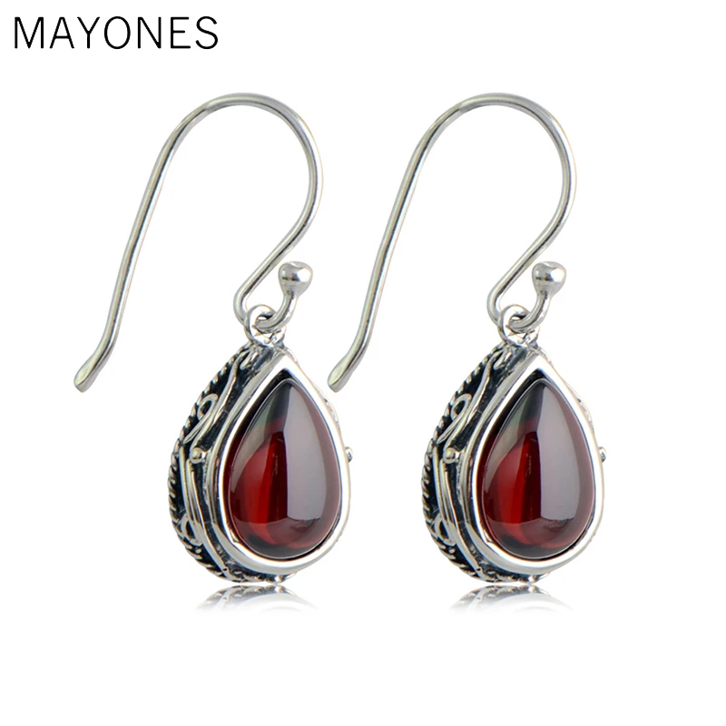 

MAYONES Vintage 925 Sterling Silver Garnet Drop Earring & Green Natural Agate for Women Wedding Party Luxury Thai Silver Jewelry
