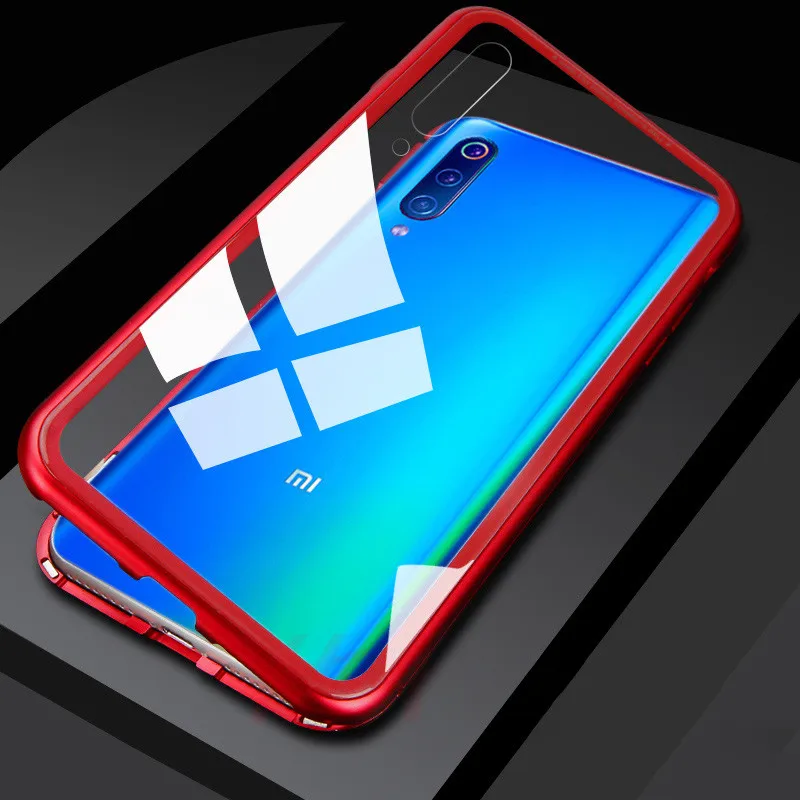 Металлический магнитный адсорбционный чехол для Xiaomi 9 8 SE Mi 8 Lite F1 Redmi 7 6A 6X Note 7 6 5 Pro, чехол из закаленного стекла на магните - Цвет: Красный
