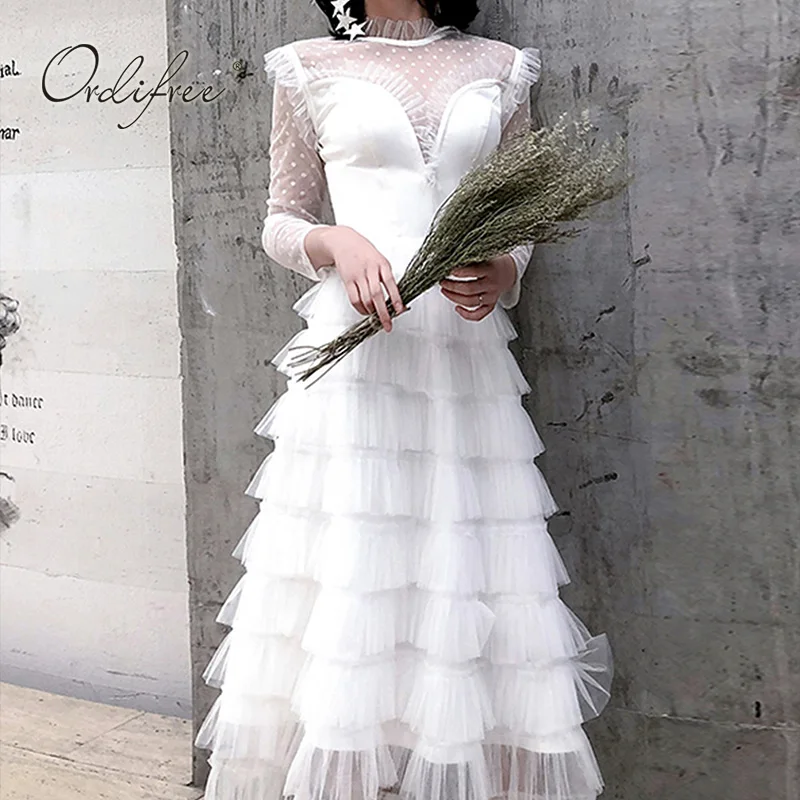 

Ordifree 2019 Summer Elegant Women Long Party Dress Long Sleeve Polka Dot Ruffle White Red Maxi Runway Night Dress