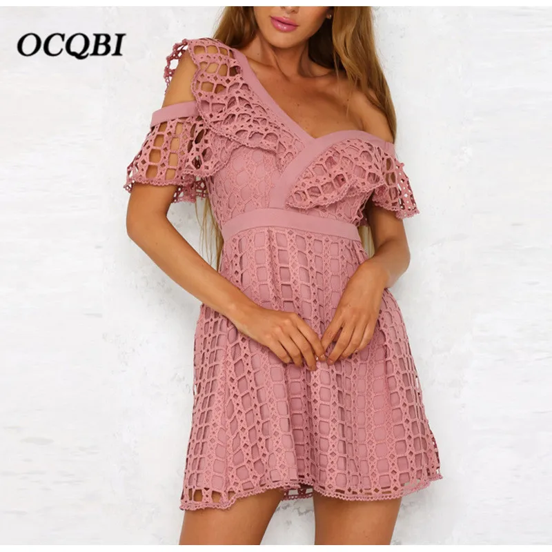 

2019 Women Summer Sexy Party Night Elegant Dress Casual Vintage Lace Mini Pink Dress