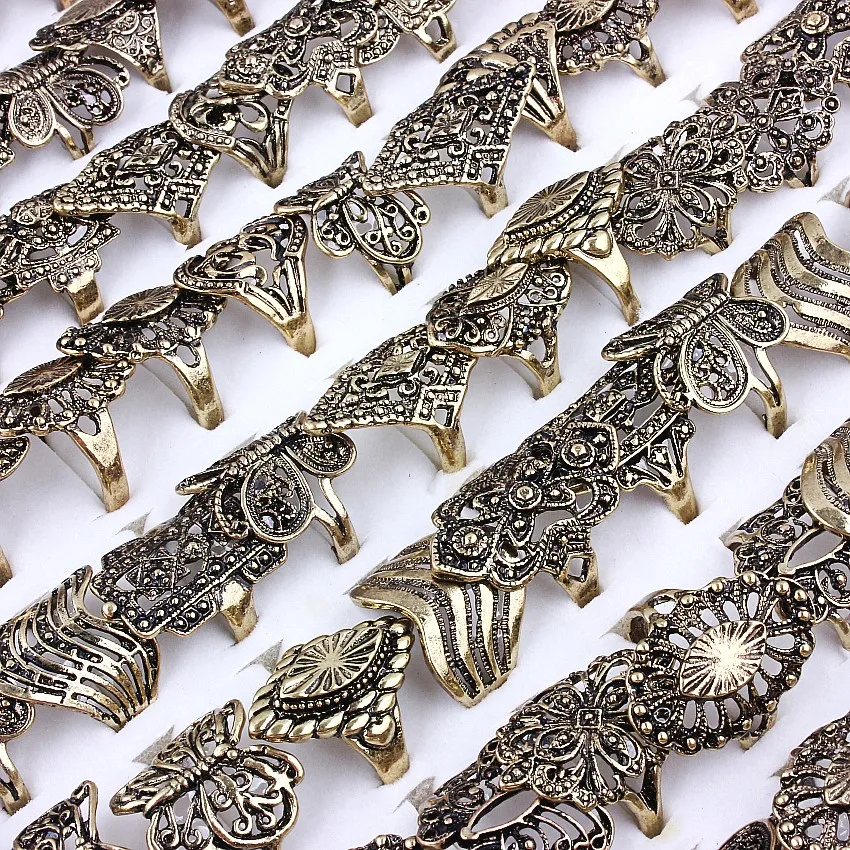 

QianBei Wholesale 20pcs Mix Wedding Bronze Color Rings Engagement Flower Ring Fashion Jewelry For Women Big Ring