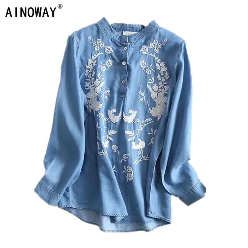 

Vintage chic women Floral embroidery beach bohemian denim blouse shirt long sleeve stand collar loose Boho jeans shirts
