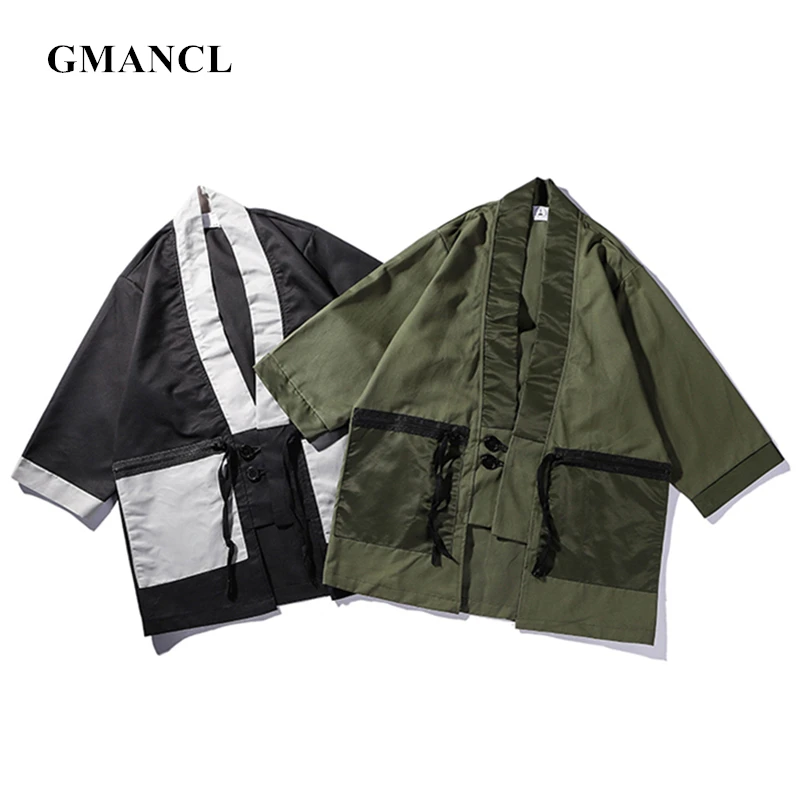 

Army Green & Black White Japanese Style Oversized Men Kimono Jacket Cool breathable cotton Fashion Streetwear Loose Jackets coat