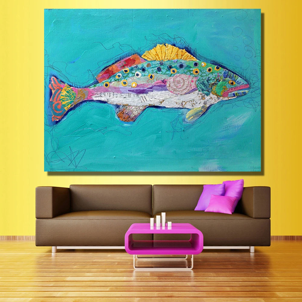 QKART Настенный декор художественная ЖИВОПИСЬ рыба плавание картина маслом на холсте настенные картины для гостиной плакат домашний декор