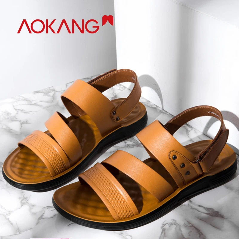 

AOKANG 2019 Summer Spring sandals men genuine leather Roman sandals slippers Gladiator hook loop man sandals Casual slippers men