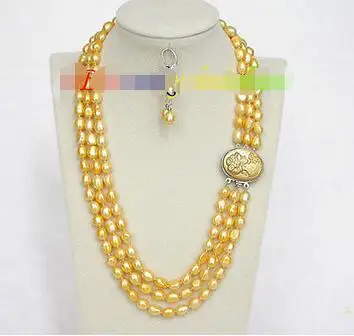 

Shipping >> new hot 20" 3row 12mm baroque yellow pearls necklace dangle Earring seashell clasp j8487