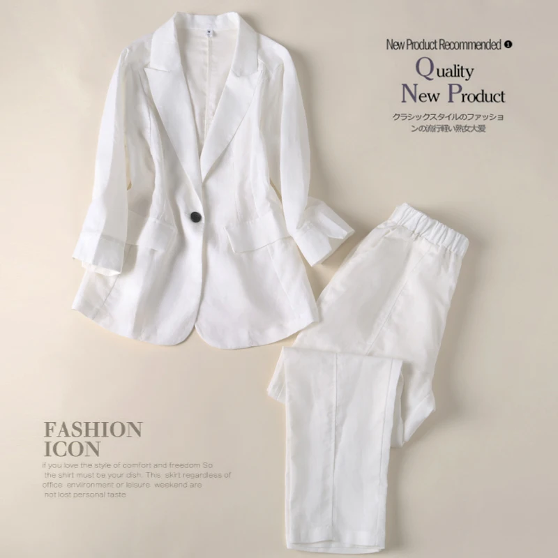 

Women Clothes Summer New Cotton Linen Suit Casual One Button Solid Color Nine Points Pants Linen Suit Two-piece Women Suit