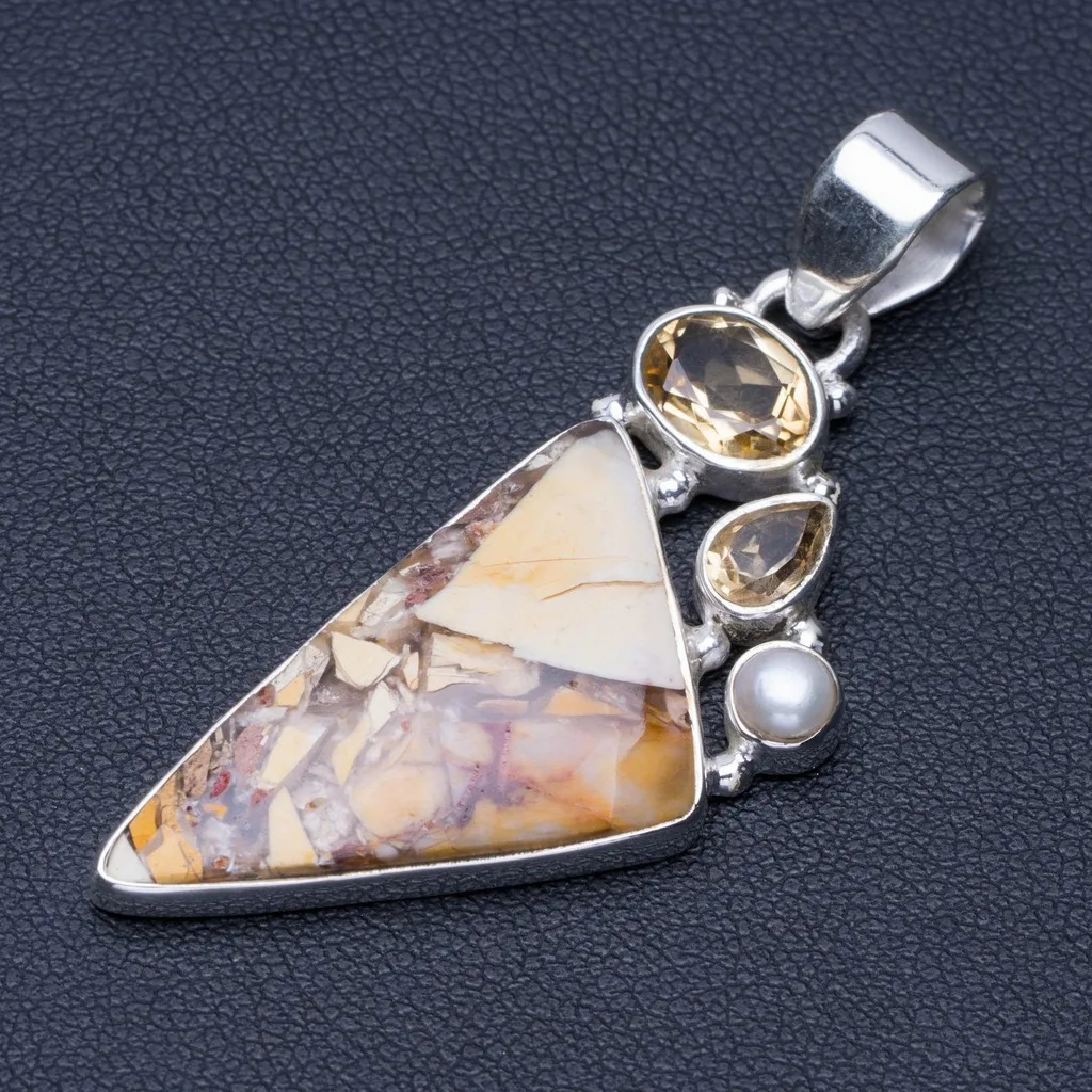 

Natural Brecciated Mookaite,Citrine and River Pearl Punk 925 Sterling Silver Pendant 2" Q0841
