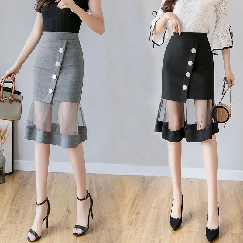 

Women skirts mesh lace stitching sexy skirt ruffles bottom with button and elastic waist 2 color drop shipping