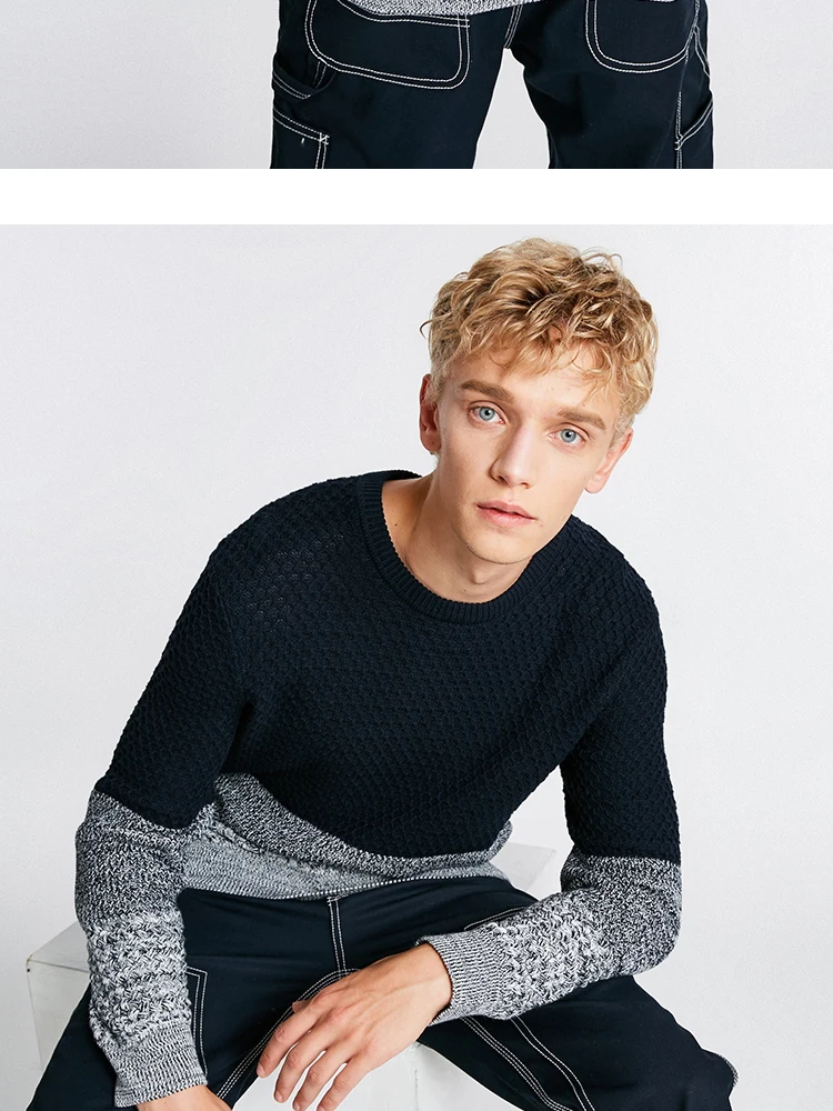 JackJones осенний мужской удобный хлопковый индивидуальный цветочный тканый свитер с круглым вырезом, Повседневный свитер, мужская одежда 218324542