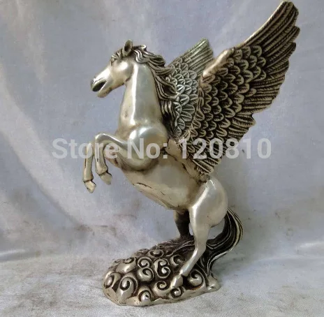 

zhmeru0029@++9" China Silver Feng Shui Animal Fine Carved Pegasus Fly Horse Statue Sculpture