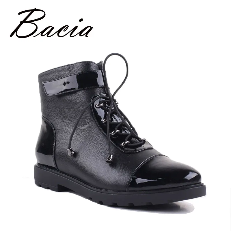 

Bacia New Women Ankle Boots High Quality Handmade Genuine Leather Lace Up Shoes Russian Short Plush Black Boots Flat Shoes VD024