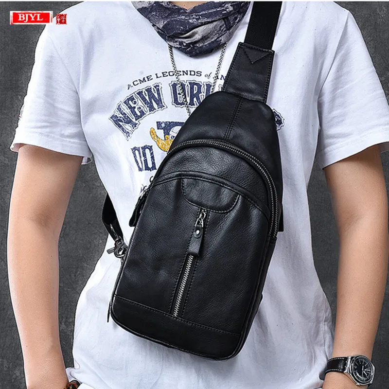 

Retro first layer soft cowhide men's chest bag new male multi-layer crossbody bag slung small back pack black leather chest bags