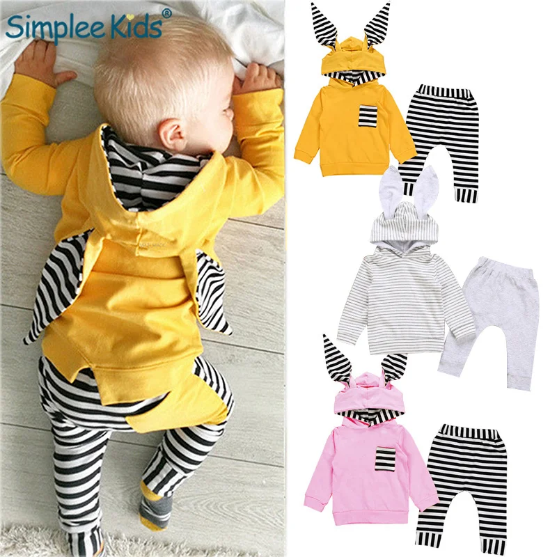 

Children Boutique Clothing 2019 Spring Autumn Toddler Boy Sets Cartoon Easter Rabbit Ears Hooded Sweatshirt+Stripe Pants 1-3Y
