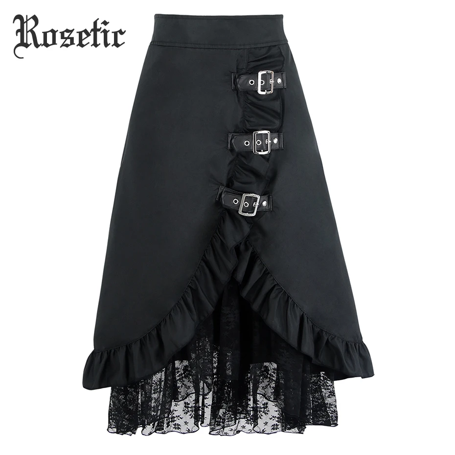 Rosetic Gothic Woman Skirt Black A Line High Waist Pleated Lace Up