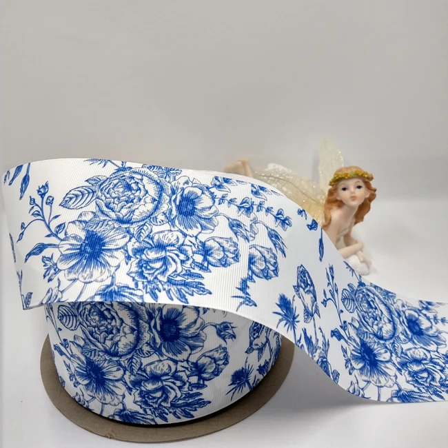 Blue flowers white background printing grosgrain ribbon