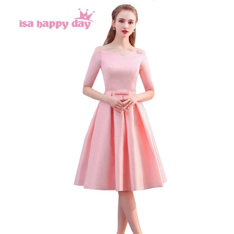

satin short women's dresses girls off shoulder half sleeved tea length bridesmaid beach dress to party robe de soiree 2020 H4163