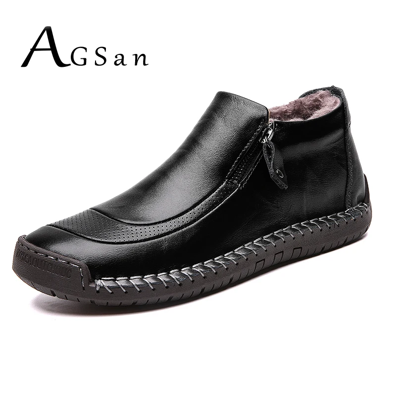 

AGSan Men Leather Ankle Boots Plush Snow Boots with Zipper Winter Big Size Mens Boots Black Brown Warm Shoes 38-48 Boots for Men