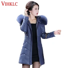 L-8XL Новинка зимы Для женщин Длинная кожаная куртка пальто Женская мода большой меховой воротник толщиной с текстильной отделкой из хлопка; для придания стройности; большие Размеры L15