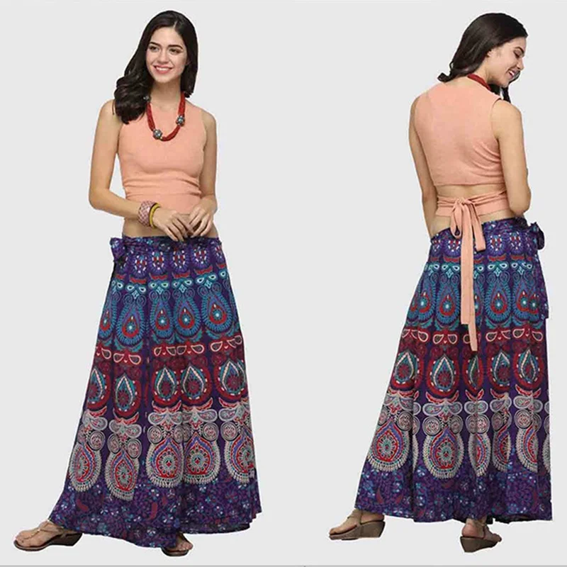 Boho Wrap Around Floral Print Maxi Skirt Women Elegant Indian Tribal Style Bohemian Long Beach Skirts Womens