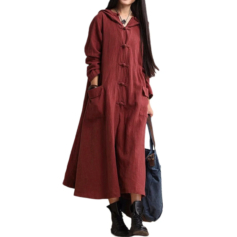 

5XL Plus Size Autumn Dress 2019 Vintage Women Casual Maxi Dress V Neck Long Sleeve Hooded Cotton Long Party Dresses Vestidos