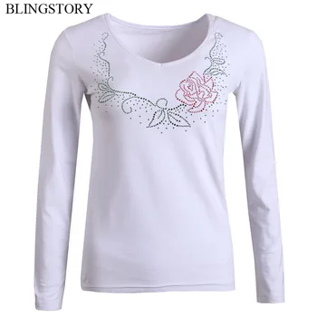 

BLINGSTORY Autumn Women Plus Size 6xl White T Shirt Graphic Tees Bead Flower Long Sleeve Top