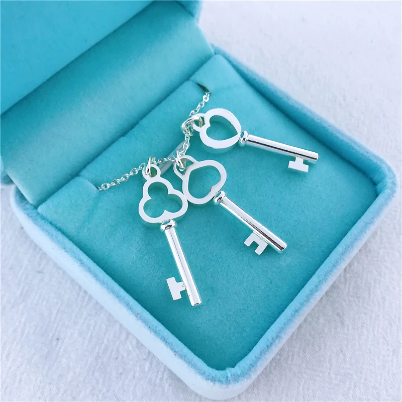 

Fashion Brand 925 Silver Jewelry Love Heart Key Pendant Clover Necklace For Women Gifts