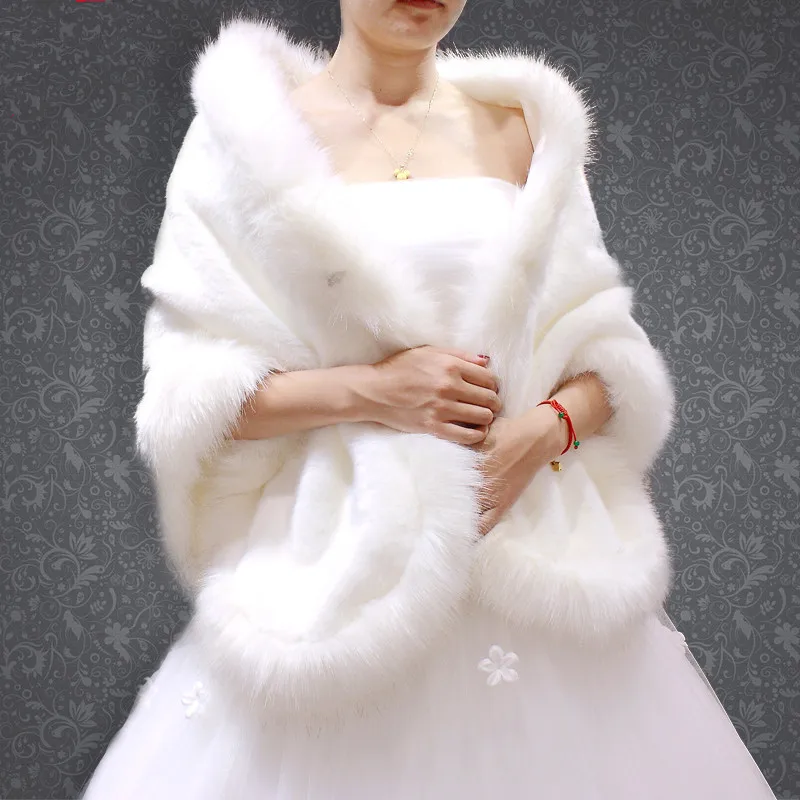 Women White Faux fur Wrap For Winter Event Long Wedding Fur Cape-in ...