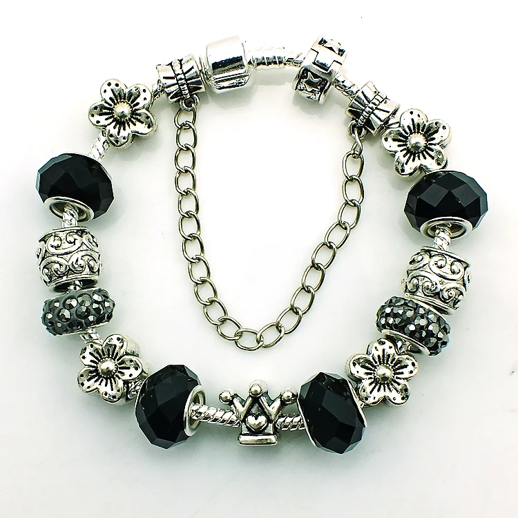 

JINGLANG Fashion Europe Silver Plated Black Rhinestone Murano Beads Infinity Chain Retro Flower Cuff Bracelets DIY Jewelry