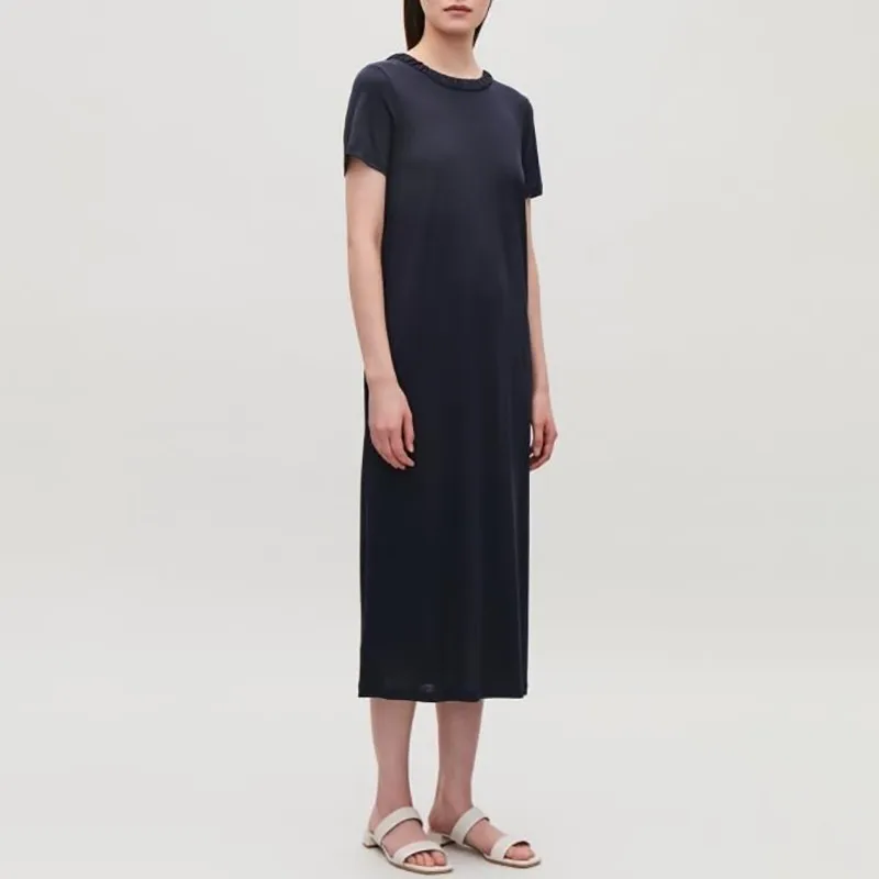 black TWOTWINSTYLE, летнее платье на завязках для женщин, круглый вырез, короткий рукав, негабаритные, одноцветные, миди платья, женская мода, повседневные - Цвет: black