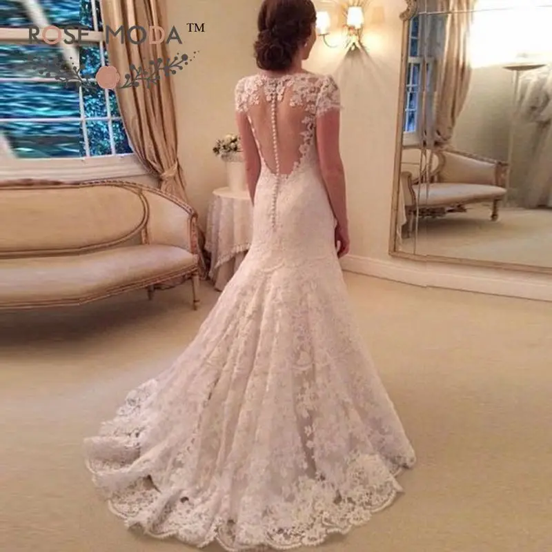 

Rose Moda Short Sleeves Lace Mermaid Wedding Dress 2019