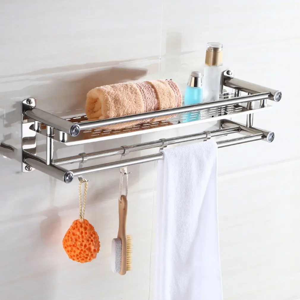 

Stainless Steel Bathroom Towel Holder Wall-mounted Rack Bath Clothes Racks Organizer Storage Toilet Shelf Washroom With 4 Hooks