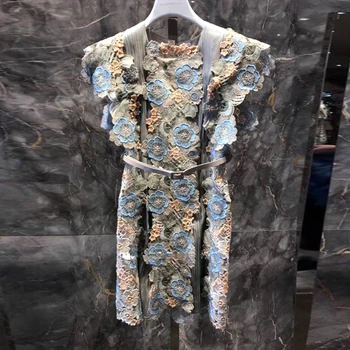 

2018 summer new backless sexy dress thin temperament retro lace flower embroidery runway lady vestidos women club wear