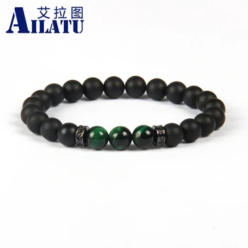 

Ailatu Wholesale 10pcs/lot 8mm A Grade Black Matte Onyx & Tiger Eye Stone Black Cz Spacer Beads Couples Distance Bracelet