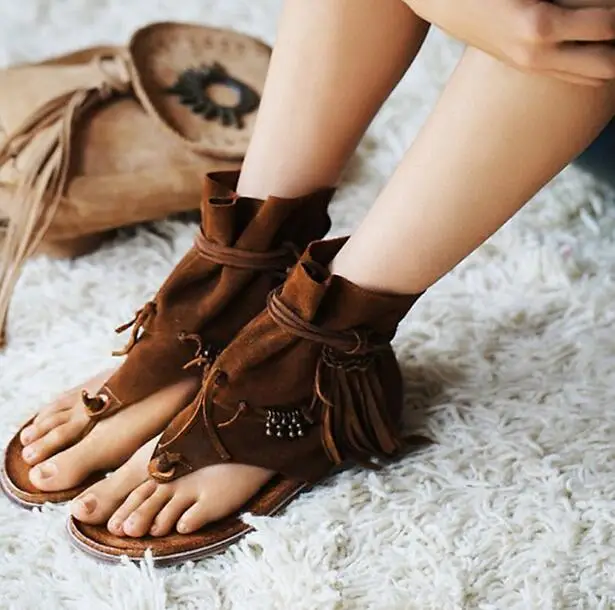 

Summer Hot Brown Suede Leather Women Clip Toe Sandals Beading Fringe Ladies Lace Up Flat Sandals Roma Style Female Casual Shoes