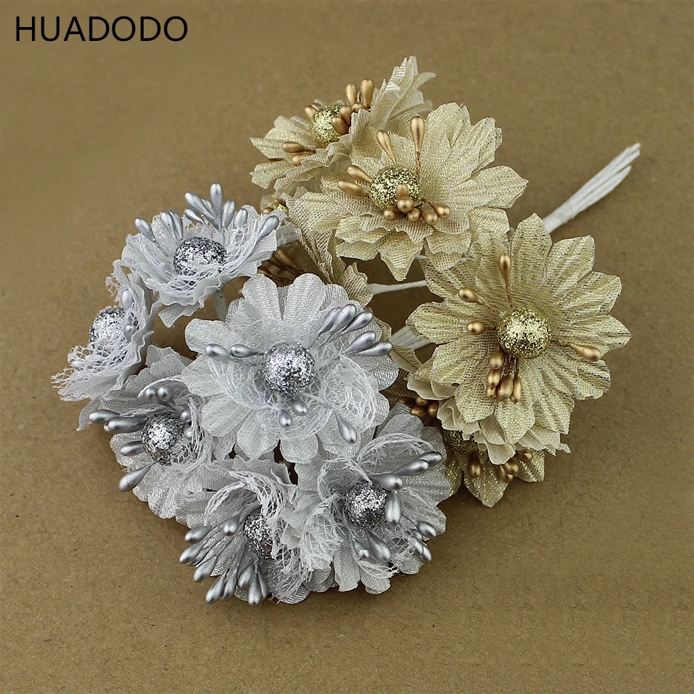 HUADODO 6 шт. Золотой Серебряный Блестящий искусственный Шелковый цветок букет для
